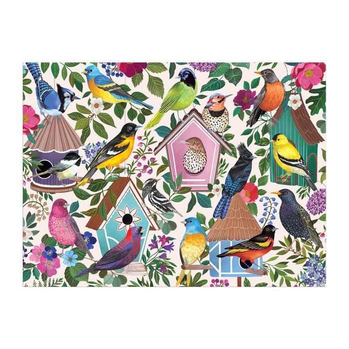 Birdhouse Lane 1000 Piece Puzzle by Christine De Carvalho features colorful songbirds on branches and birdhouses, surrounded by vibrant flowers and green leavesβa beautiful challenge for bird lovers and puzzle fans alike.