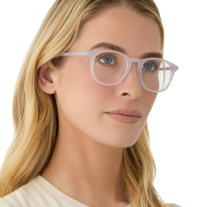 on model - female wearing diff eyewear featuring the jaxson square prescription glasses with a thistle light purple frame angled view