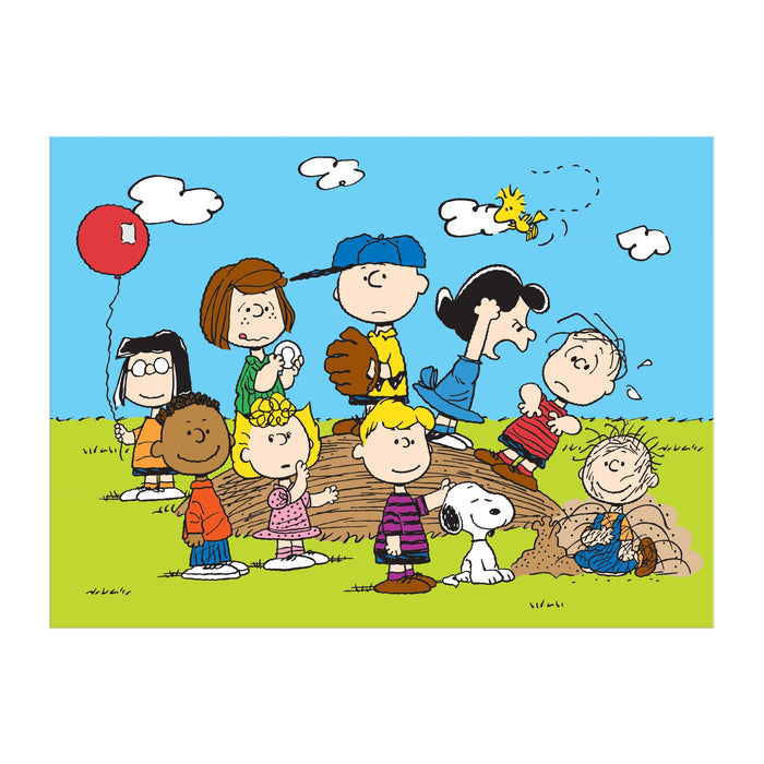 The Peanuts Baseball 1000 Piece Puzzle by Peanuts Worldwide LLC. features beloved characters like Charlie Brown and Snoopy playing outdoors on a sunny dayโideal for fans and puzzle lovers alike. One child holds a red balloon, another digs in the dirt.