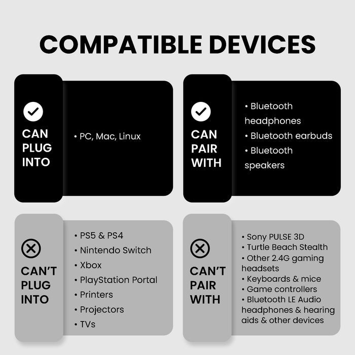 C81-PC Bluetooth Adapter for PC, Mac, and Linux, supports Bluetooth headphones, earbuds, and speakers, not compatible with 2.4GHz devices, keyboards, mice, consoles, printers, TVs, or Xbox systems.