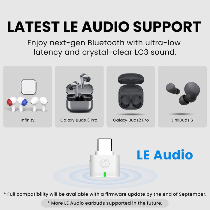 C82 LEA LE Audio USB-C Bluetooth 5.4 Adapter for LE Audio Headphones & Hearing Aids, compatible with Galaxy Buds 2 & 3 Pro, LinkBuds, and Avantree earbuds.