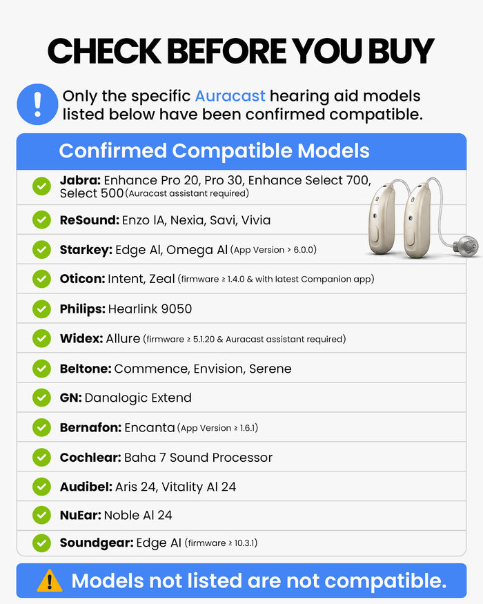Aurcast transmitter compatible with Auracast Headphones & Hearing Aids, not listed are not compatiible