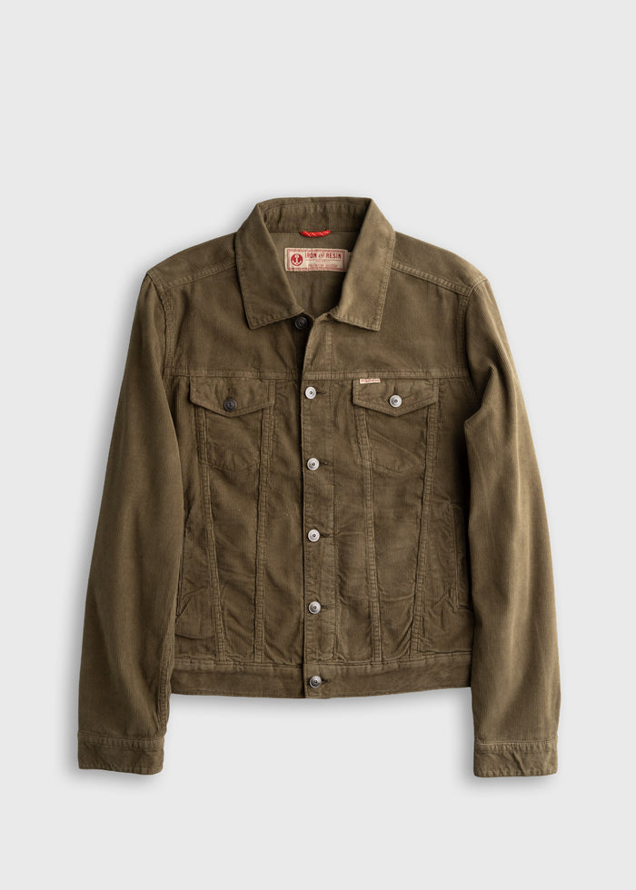 Olive green denim jacket with button closure, two chest pockets, and a collar, displayed on a plain white background.