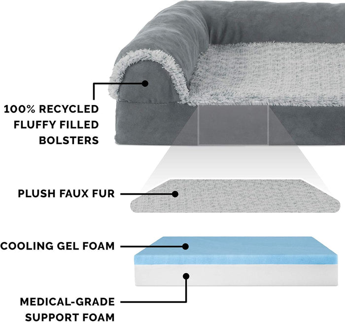 Furhaven Cooling Gel Dog Bed For Large Dogs TwoTone Plush Faux Fur And Suede L Shaped Chaise Stone Gray Jumbo Plus XXL