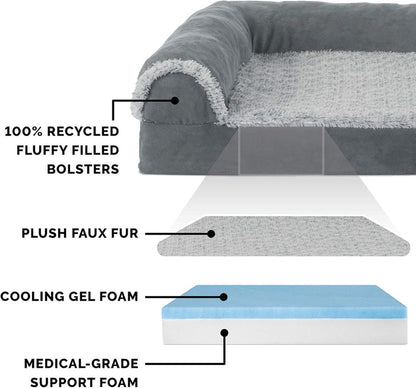 Furhaven Cooling Gel Dog Bed For Large Dogs TwoTone Plush Faux Fur And Suede L Shaped Chaise Stone Gray Jumbo Plus XXL
