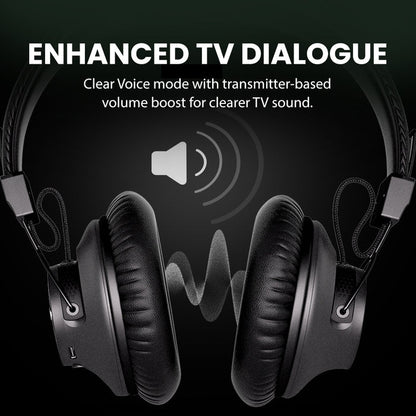 HT5009 Plus Wireless TV Headphones with enhanced TV dialogue, Clear Voice mode, and volume boost for clearer TV sound, ideal for shared spaces and seniors.