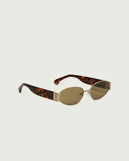 White Gold Chartreuse::Rue Sunglasses cateye Gold metal front diagonal