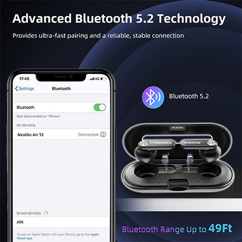 The T2 earphones connect to the phone via Bluetooth 5.2 within 49ft for a fast, stable connection.