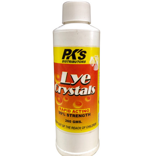 PKS Distributors Lye Crystals Targets soiled spots, mildew, moss, and grease on surfaces like walls, tiles, drains, and concrete paving.- 260 grams MEGA