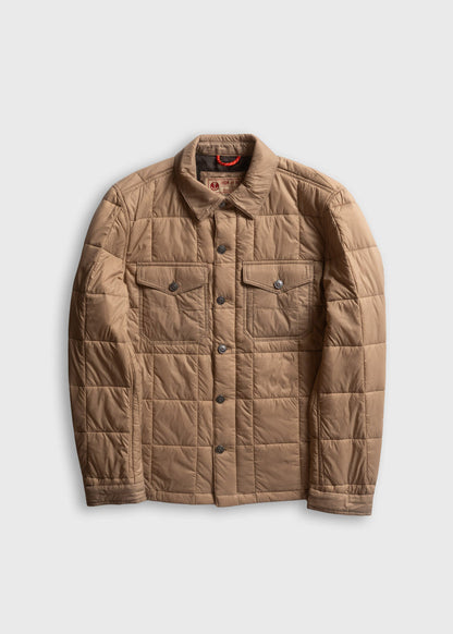 Tan quilted jacket with button closure and two chest pockets, displayed on a plain white background.