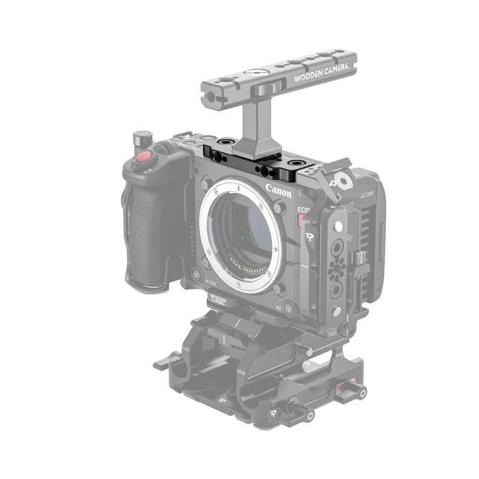 Canon EOS C50 camera body with wooden camera top plate on a white background