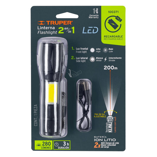 TRUPER 2 IN 1 ALUMINUM LED FLASHLIGHT- With Brightness of 270 lm (front), 280 lm (side)-100371 MEGA