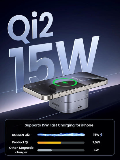 UGREEN MagFlow 2-in-1 Wireless Charger with magsafe compatible design, supporting Qi2 15W wireless charging for iPhone, featuring strong magnetic alignment that secures the device and enables faster charging than standard Qi or other magnetic chargers.
