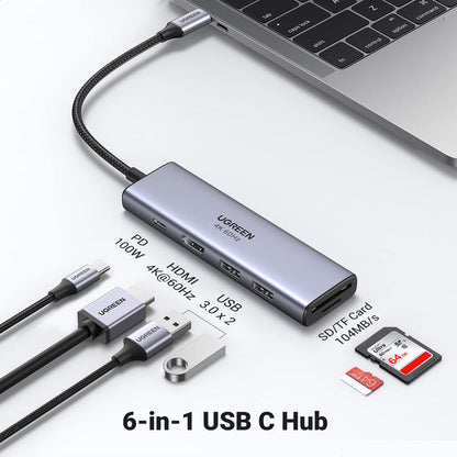 UGREEN USB C Hub 4K 60Hz, 6-in-1 USB C to USB Adapter with 100W PD, HDMI Adapter, USB3.0, SD/TF Card Reader, USB-C Multiport Adapter Type C Dongle for MacBook Pro Air, iPhone 15 Pro/Pro Max Dell, HP - UGREEN EU