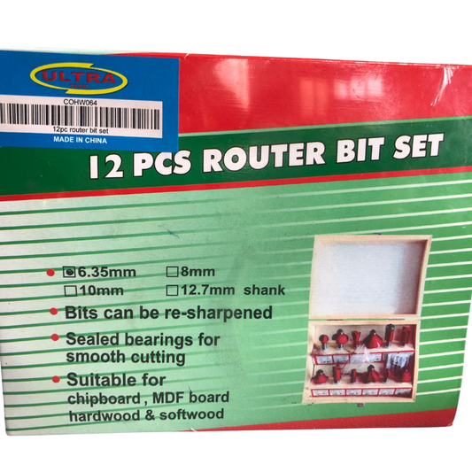 Ultra 12-Piece Router Bit Set comes in a durable, handy storage box — perfect for both professionals and DIY enthusiasts. COHW064 MEGA